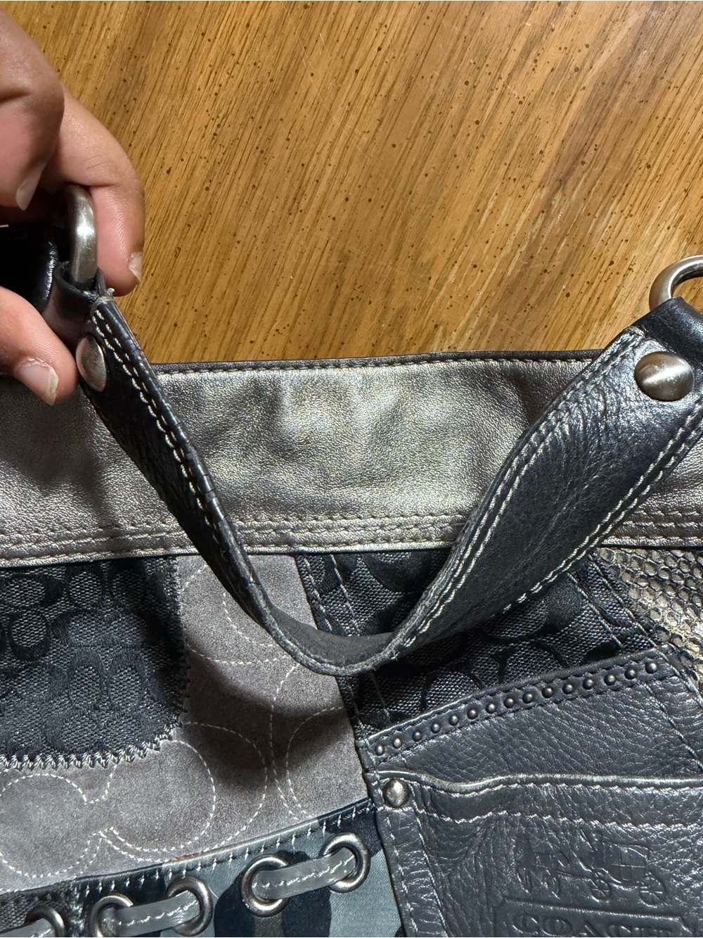 Coach Zoe Patchwork Leather & Fabric Hobo Bag in Black and Gray - Picture 4 of 13